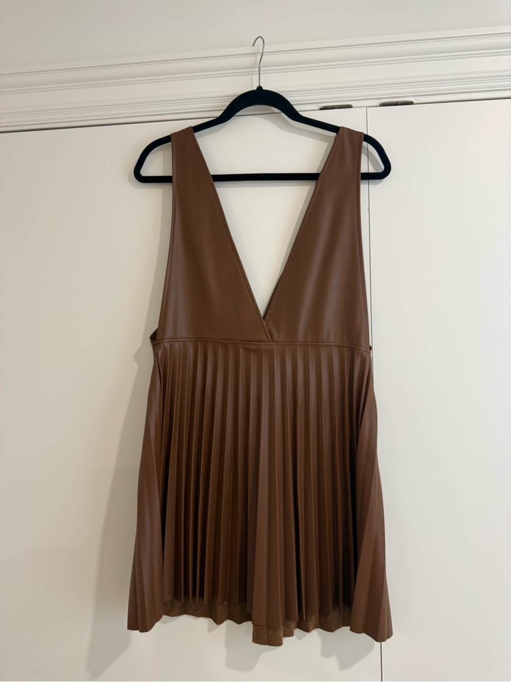Zara Brown Faux-Leather Pleated V-Neck Mini Dress